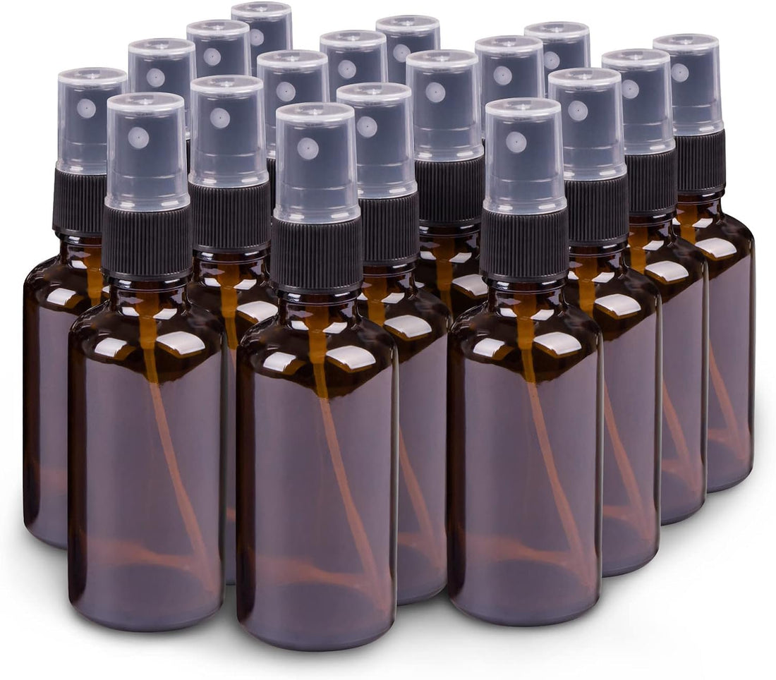 HOPEMOB Small Amber Glass Spray Bottles for Essential Oils, 2 oz, Mini Empty Fine Mist Spray Bottles, Set of 18