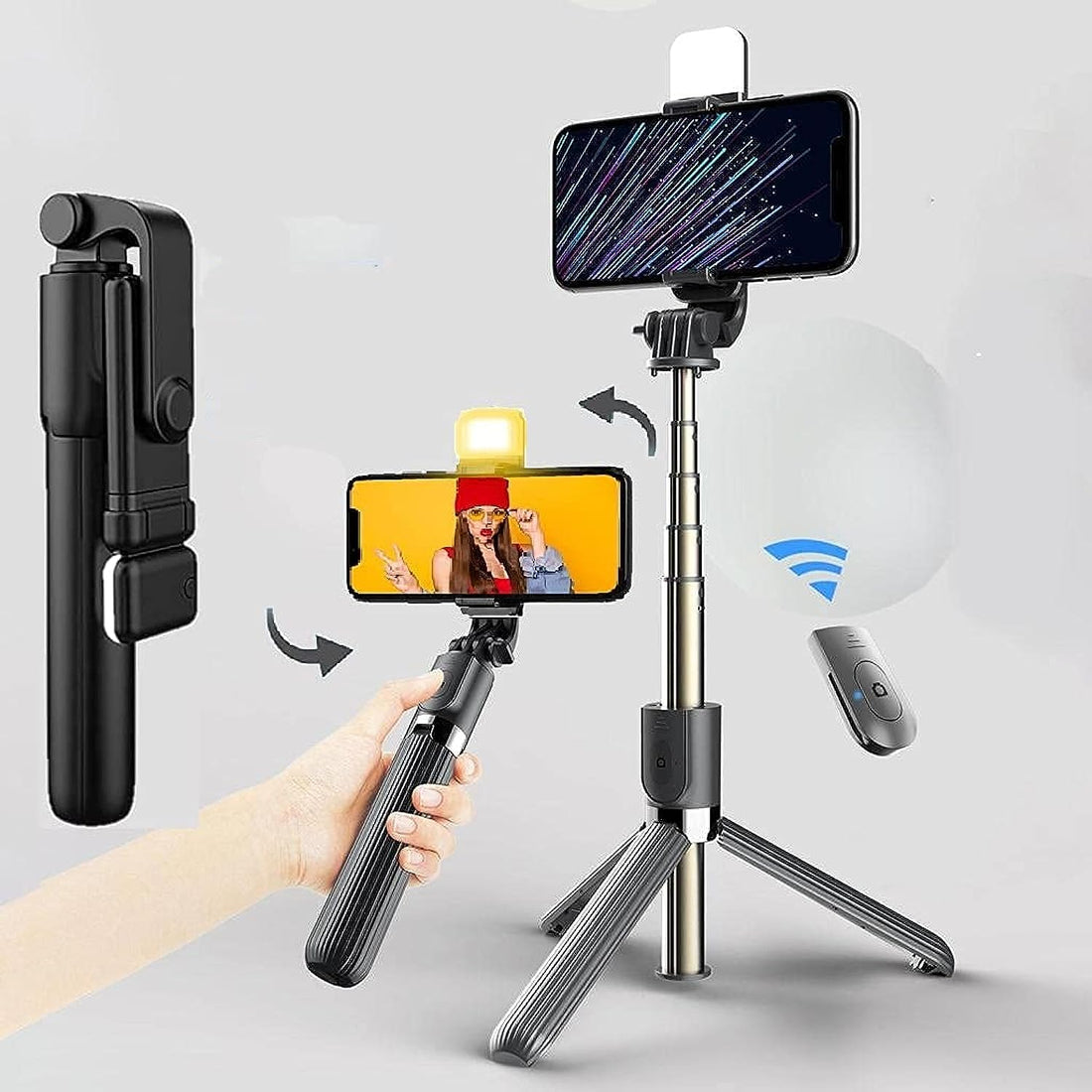 Premium Selfie Stick, Bluetooth Extendable Selfie Stick Tripod with LED Light Wireless Remote and Portable Tripod Stand Compatible for All iPhone and Android Smartphone (70 cm)