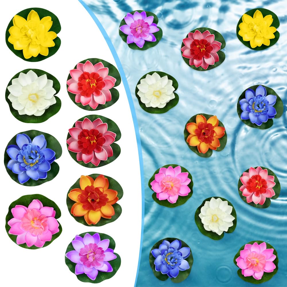 Pack of 8 Floating Flowers, Lotus Flowers, Artificial Water Lilies, Floating 10 cm, Artificial Lotus Flower, 8 Colours, Floating Artificial Flowers, Small Pond Roses, Lotus Flower Decoration