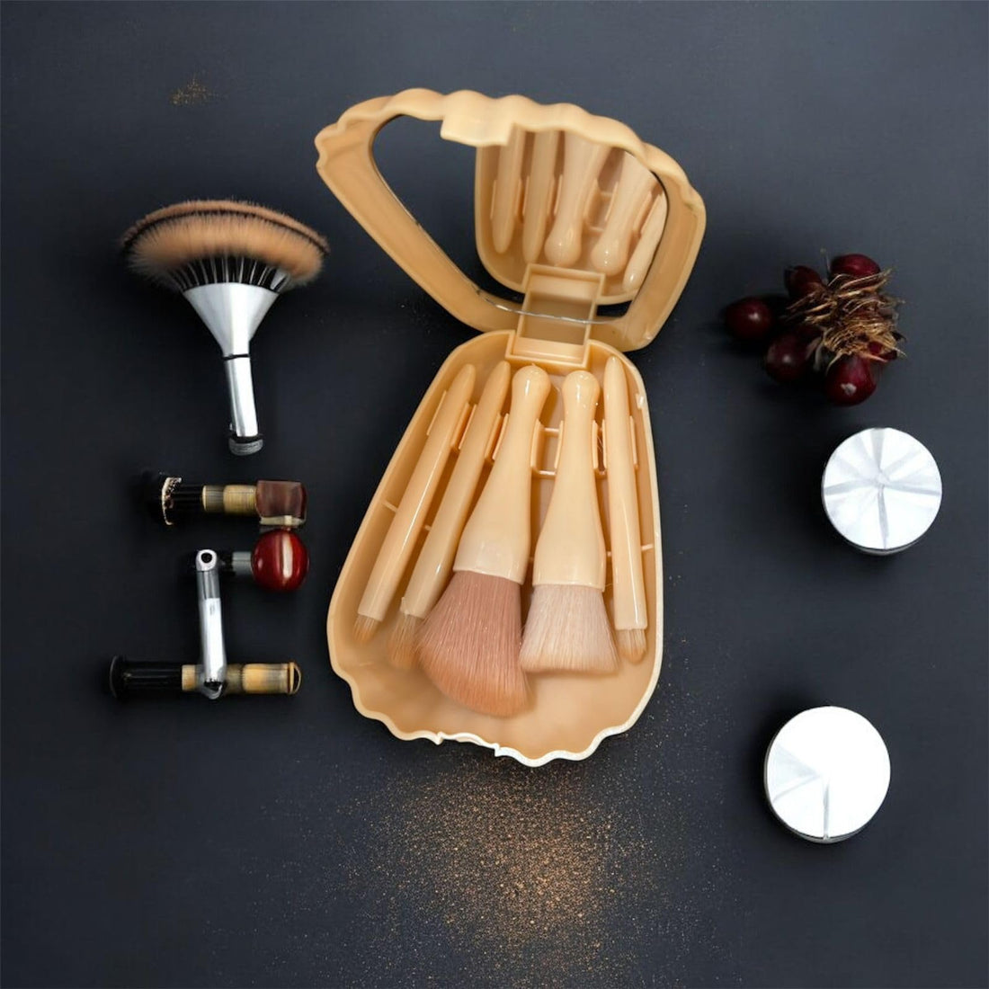 Kiki Seashell-Shaped Makeup Brush Set - Professional Travel Makeup Brushes with Mirror | Portable Makeup Brush Bag for Women | Face, Eye, Blush, and Lip Gloss Brushes (yellow)