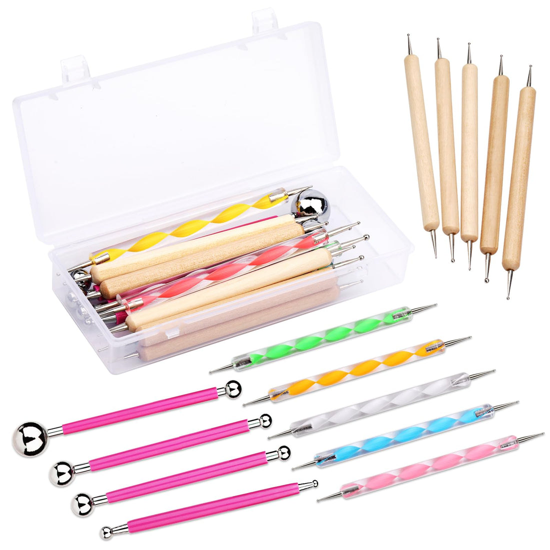Bamru 14-Piece Dotting Tools Ball Pens with Box, Dotting Tools Set, Stone Painting, Pottery Clay, Modeling, Embossing, Nail Art