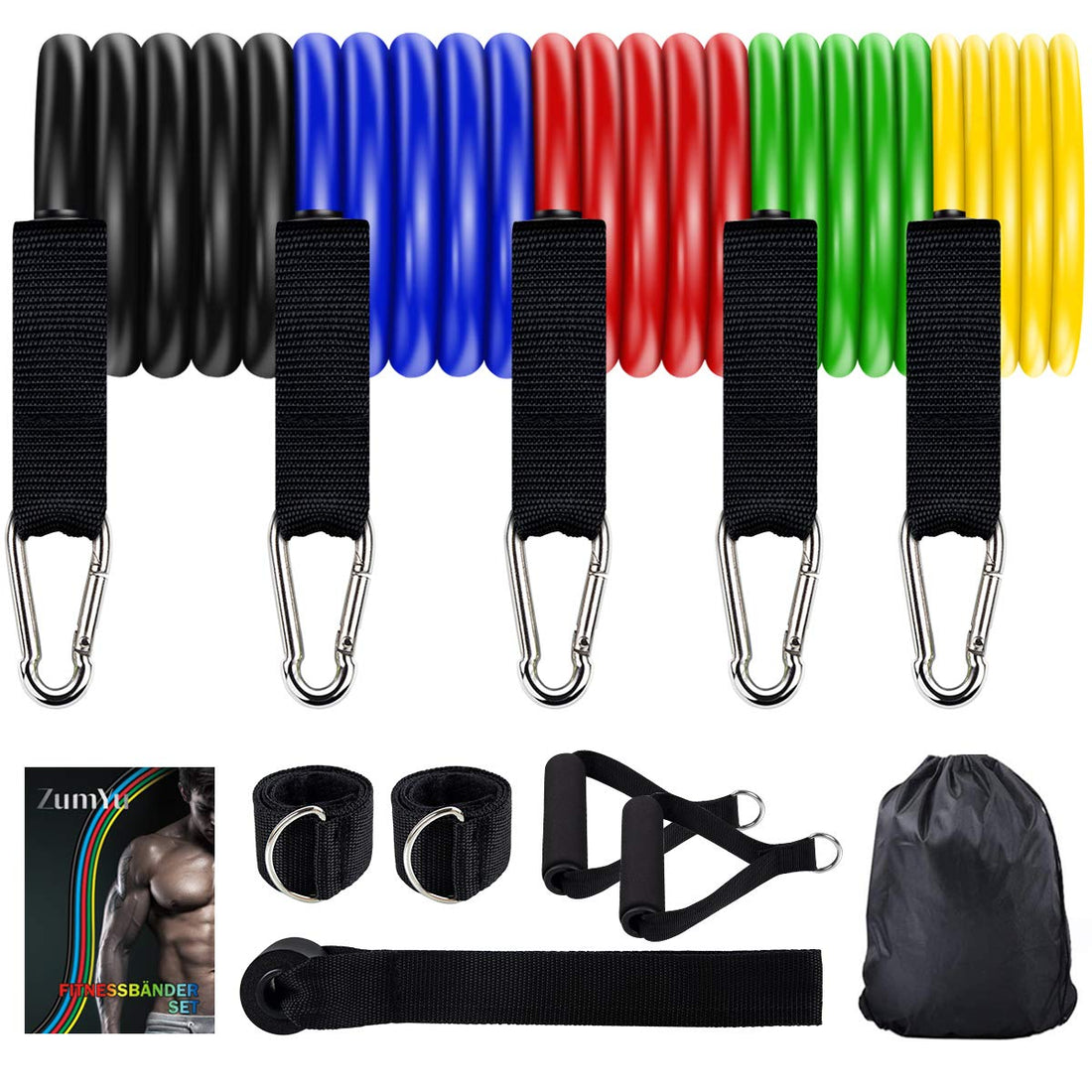 19pcs Resistance Bands Set Workout Bands with 5 Stackable Exercise Bands 5 Resistance Loop Bands, Door Anchor, Ankle Straps,Jump Rope, Carry Bag, Exercise Towel