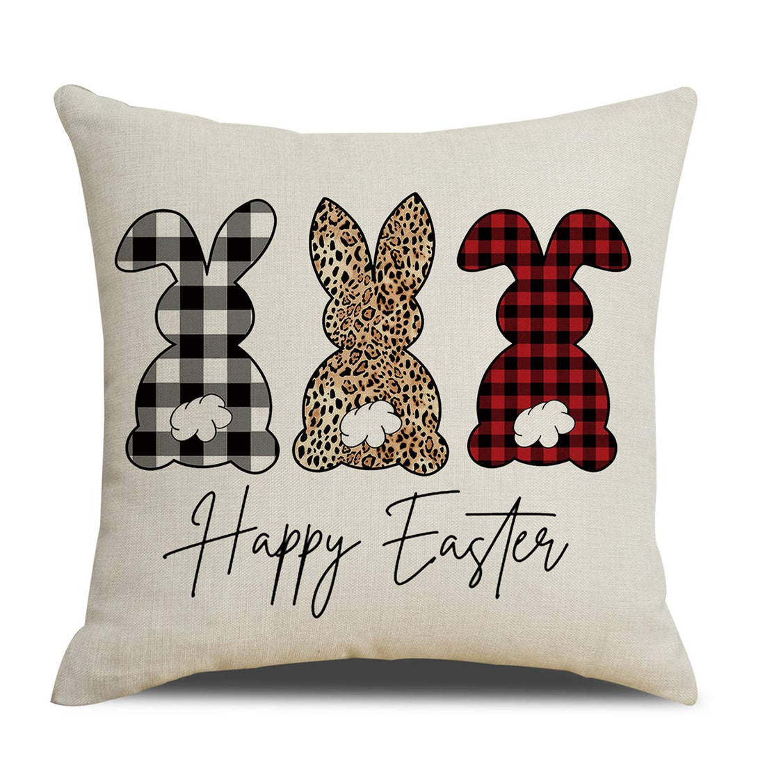 Happy Easter Bunny Pillow Cover 18x18 inch Square Cotton Linen Easter Rabbit Decorative Buffalo Plaid Check Pillow Case Home Decor Easter Cushion Cover for Sofa Chair Bedroom