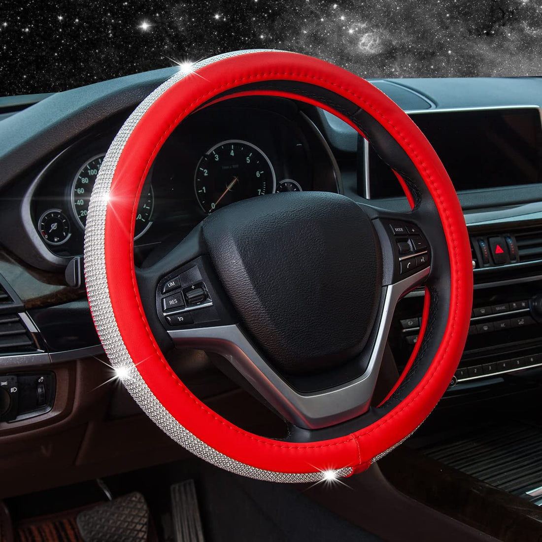ChuLian New Diamond Leather Steering Wheel Cover with Bling Bling Crystal Rhinestones, Universal Fit 15 Inch Car Wheel Protector for Women Girls Red