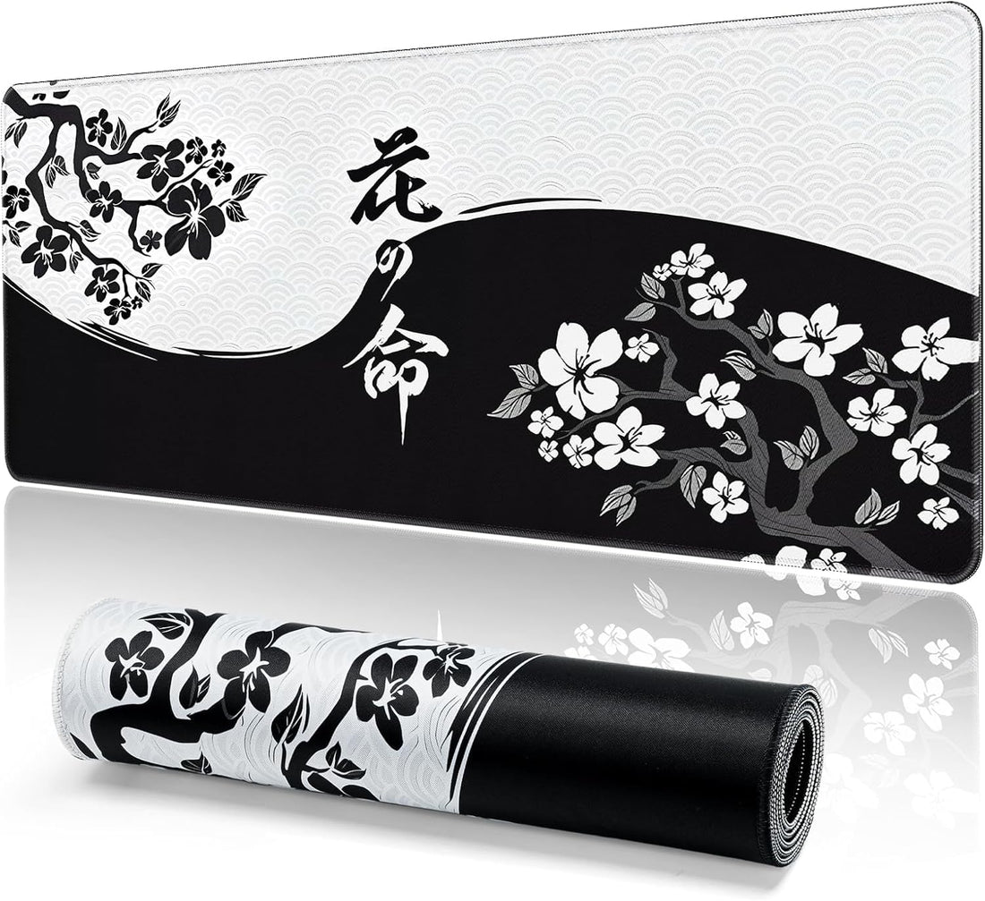 Japanese Black and White Flowers Gaming Mouse Pad (70× 30cm) for Keyboard and Mouse Desk Mat – Anti Slip Rubber Base – Stitched Edges – Waterproof – Speed Edition