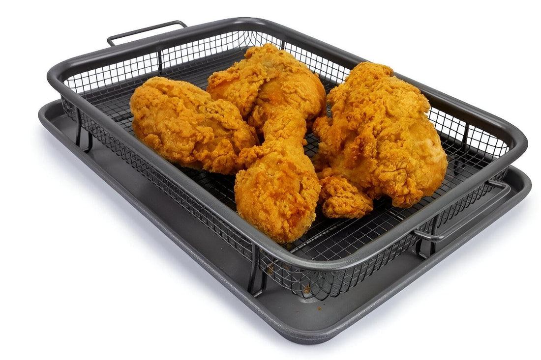 Frying Pan, Frying Pan, Oil Strainer, Air Fry Basket for Oven Use, Crispy Baking Tray with Baking Tray, Air Fry Basket 2 Pieces, Dimensions 32.5 x 24 cm, Perfect for Fast Food