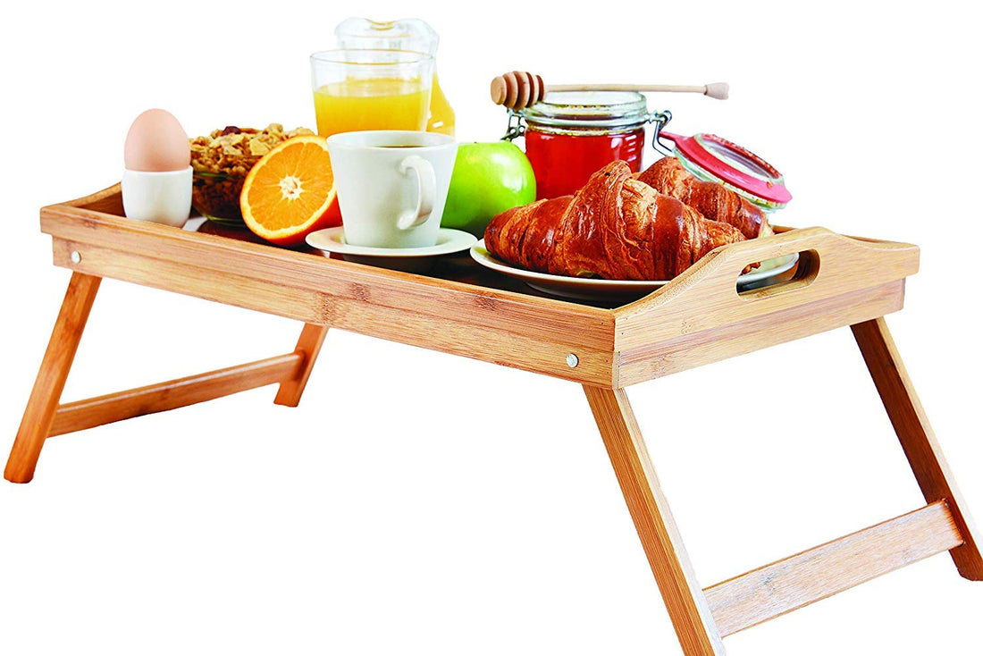Showay Breakfast in Bed Tray Table with Legs Organic Bamboo Food Lap Trays for Eating Bed, Wood, 8541991955