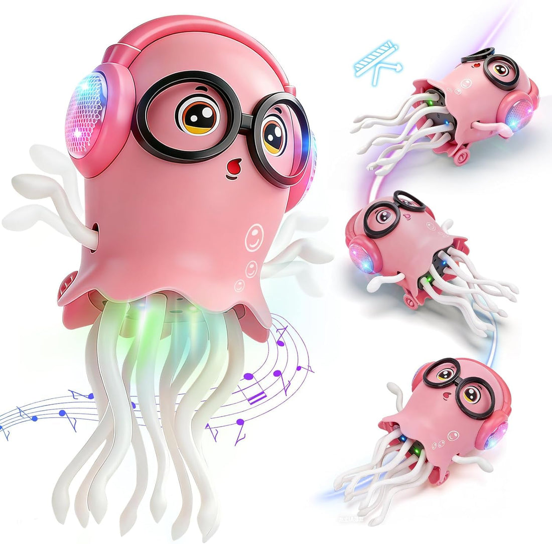 DJ Dancing Jellyfish Baby Girl Toys, Musical Crawling Tummy Time Toys with LED Light & Smart Obstacle Avoidance, 360° Spin Sensory Toys for Toddlers Kids, Birthday Gifts for Girls, Pink