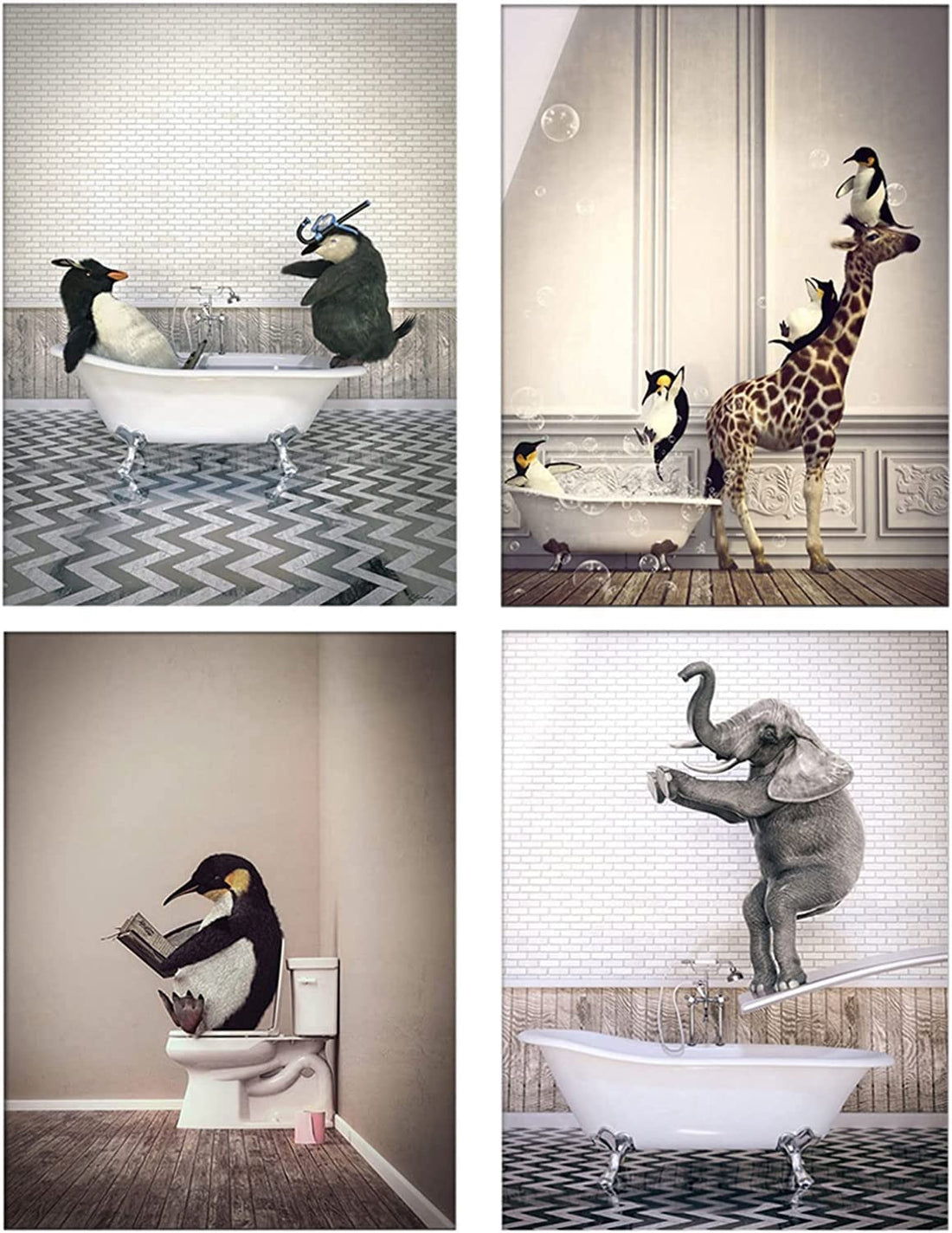 Animal Black White Wall Art Prints, Animal in the Bath Canvas Pictures Dream Bath Poster Minimalist Home Decor - 4 Pieces Without Frame (20 x 30 cm x 4 pieces)