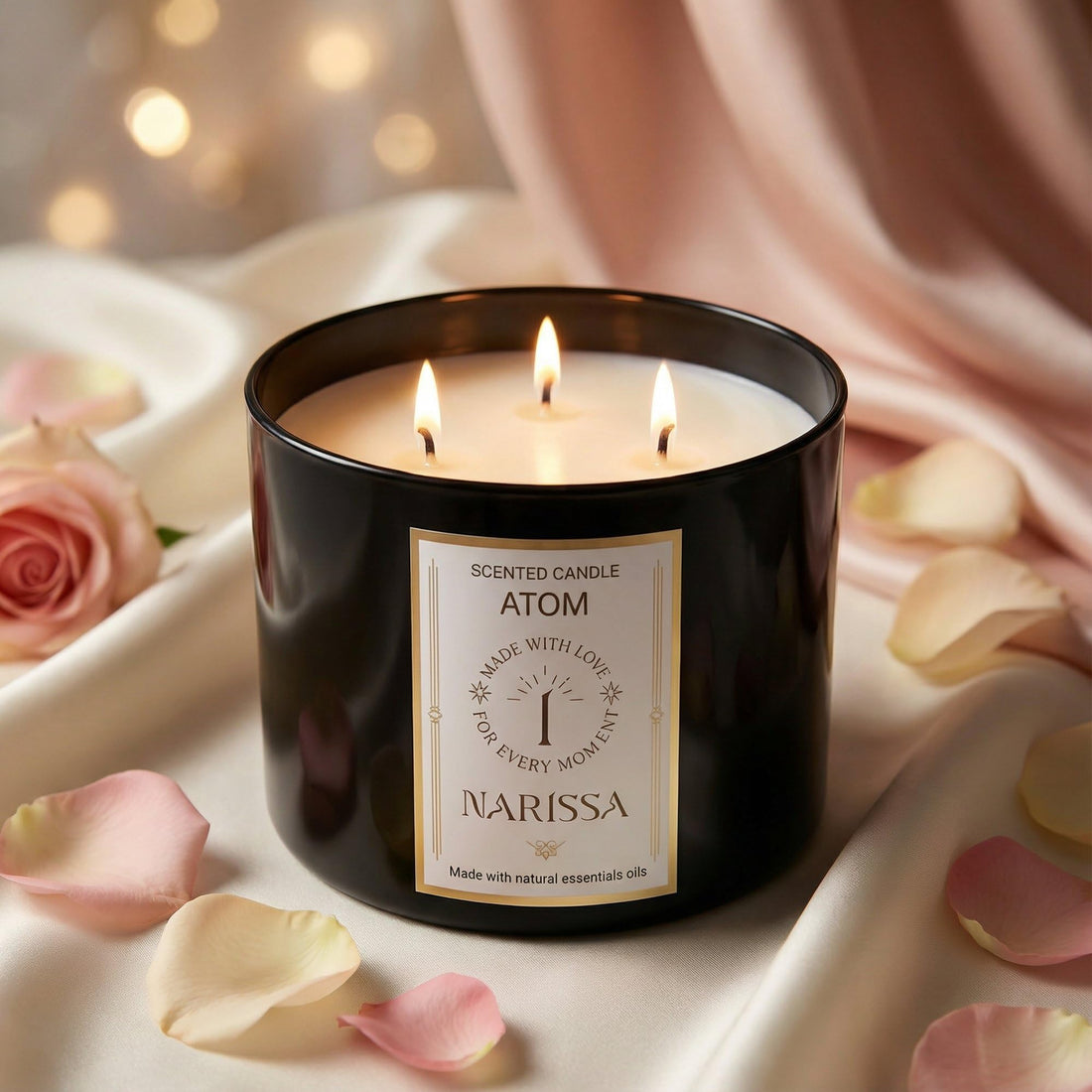 Narissa Atom Premium Scented Candle - 500g - 3 Wick - 100% Natural Soy Wax - Premium Black Glass Design and Long Lasting Aromatic Fragrance for Relaxation and Wellbeing (Jasmine & Foli)