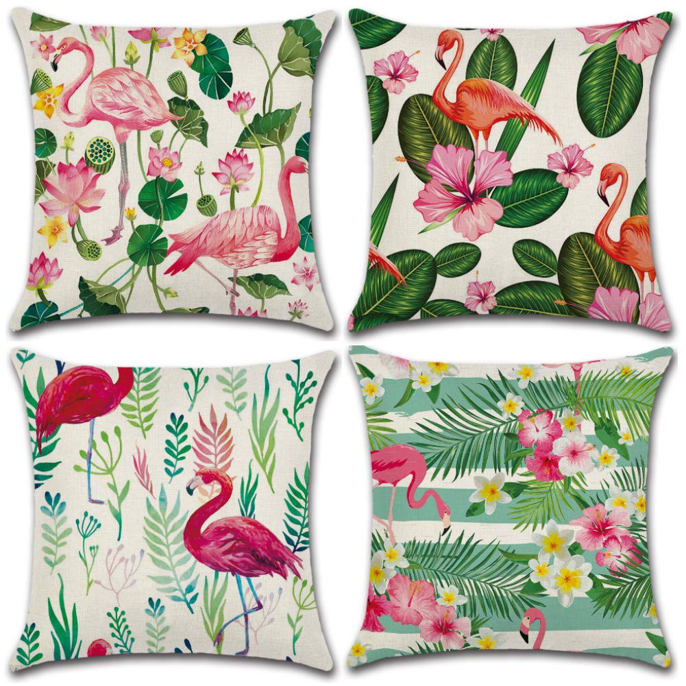 Soleebee Cotton Linen Throw Pillow Covers Car Cushion Covers for Sofa Bed Home Decor Set of 4, 45 x 45cm (Flamingo)