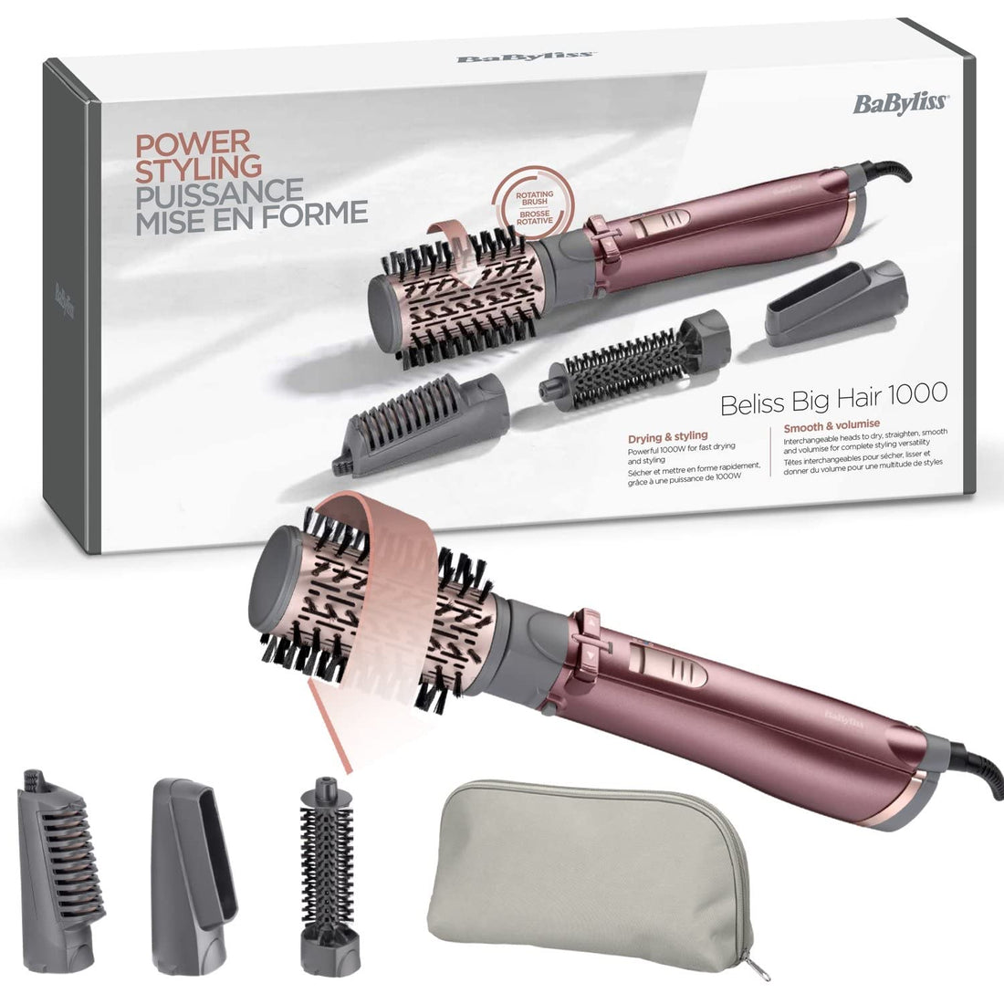 Babyliss Beliss Blower Brush, Hot Air Styler 1000 Watts, 4 in 1 Multifunctional Hair Styling Tools, for Fast Drying, Straightening, Curling - AS960SDE - International Warranty