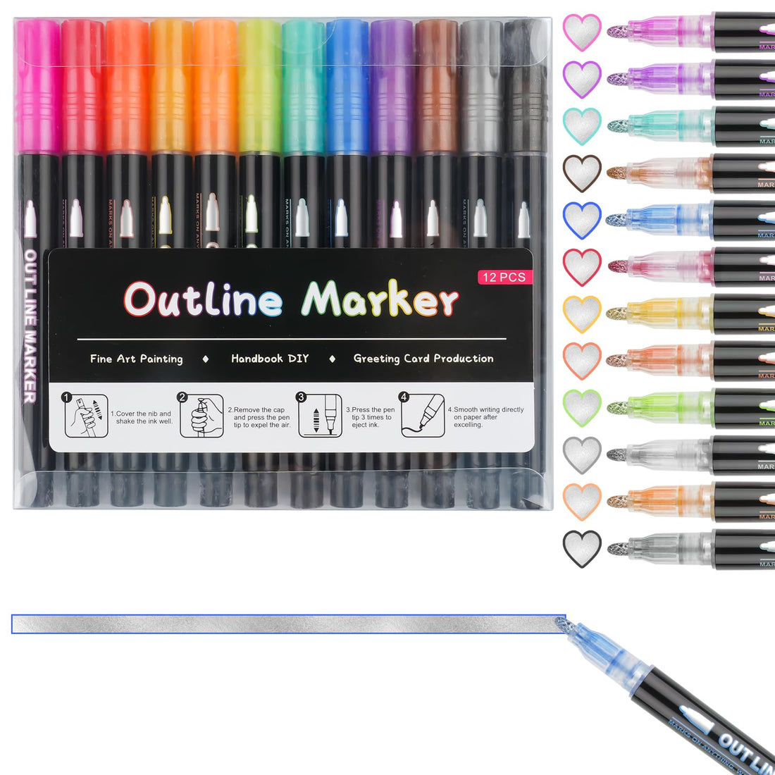 Deepton 12 Colours Outline Pens, Double Line Glitter Pen Set, Metallic Magic Pens, Glitter Pens Children from 4, Children's Outline Marker for DIY Crafts, Birthday Gifts, Easter Gifts