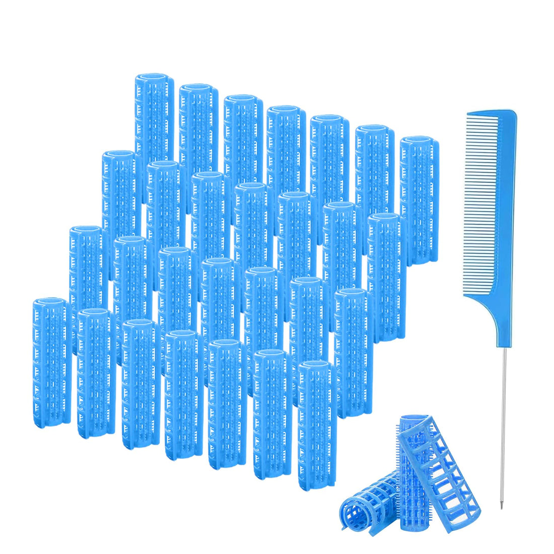 ZMD 28PCS Plastic Hair Curlers Rollers Set, 0.6In/1.5cm Small Size Snap on Rollers Self Grip Hair Curlers Heatless Rollers with Comb Hairdressing Curlers Tools for Short Thin Fine Hair (Blue)