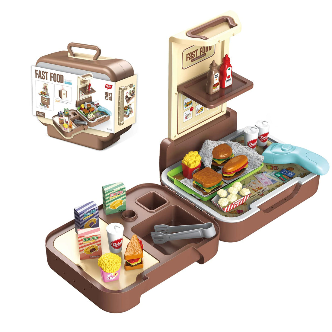 Kids Kitchen Playset,53 PCS Fast Food Briefcase Hamburger Store Play Food Sets for Kids Kitchen Toys Grocery Store Playset for Age 6-12