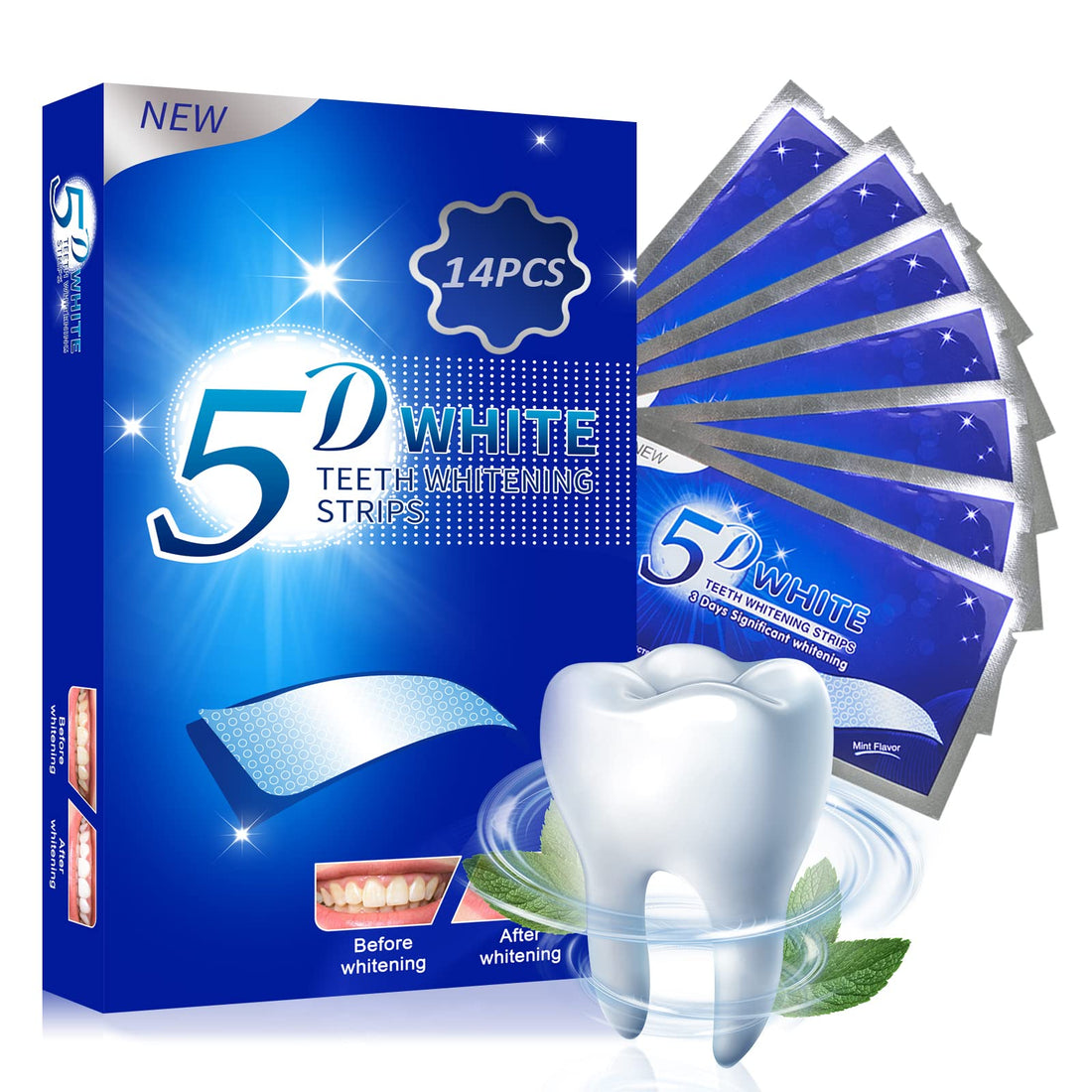 SEAAES Teeth Whitening Strips 5d,Contains No Harmful Substances Effective Home Use Tooth Whitening Kit Mint Flavor 7 Pouches 14pcs