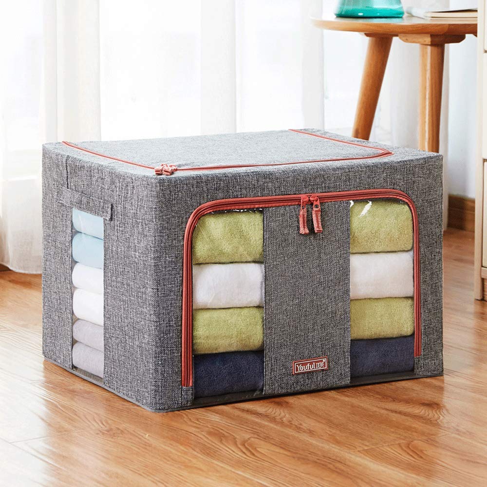BOLLAER Flodable Storage Box, Oxford Cloth Steel Frame Shelf Storage Bag Quilt Clothing Blanket Container Organizer See-Through Window Double Zipper (66L)