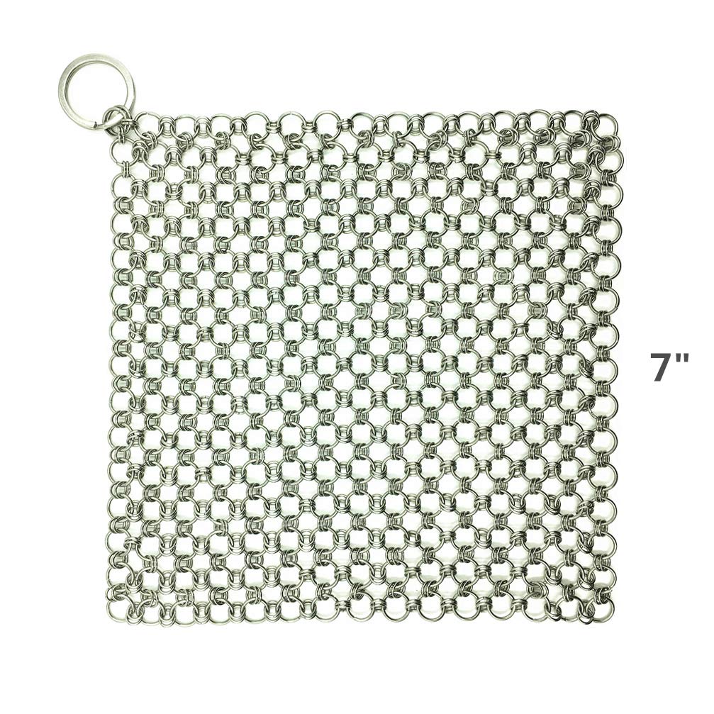 Stainless Steel Cast Iron Cleaner Stainless Steel Chainmail Scrubber for Cast Iron Pan Skillet Grill Sc Wok (Silver 7"x7")