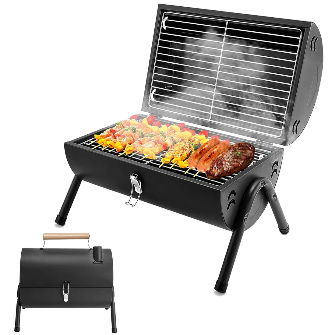 Charcoal Grill Small Folding Grill Double Grill Surface BBQ Grill Mini Suitcase Grill with Lid Table Grill Portable Grill for Outdoor Camping Balcony Picnic and Barbecue (50 x 37.5 cm) (Black-1)