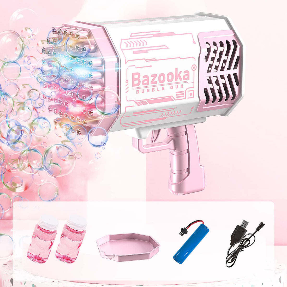 Bubble Machine Gun, 69 Holes Bubbles Machine, Pink Bubble Gun with Lights/Bubble Solution for Adults Kids, Summer Toy Gift for Outdoor Indoor Wedding Birthday Party - Blue Bubble Maker (Pink)