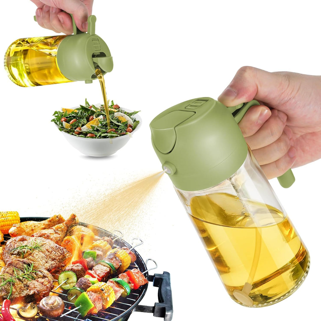 Oil Sprayer for Cooking,live Oil Dispenser Bottle for Kitchen, Glass Oil Bottle with Premium Nozzle, Food-grade Oil Mister for Air Fryer, Salad, Frying, BBQ-Green color
