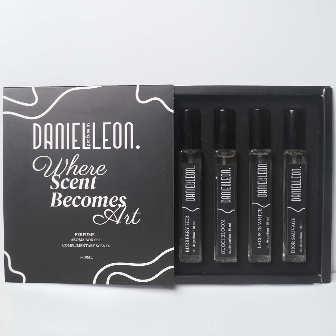 Daniel Leon Premium Perfume Package Inspired Fragrance Testers Lacostte White, Sauvag, Br-berry-Her & Gucci-Bloom - Scents for Men & Women