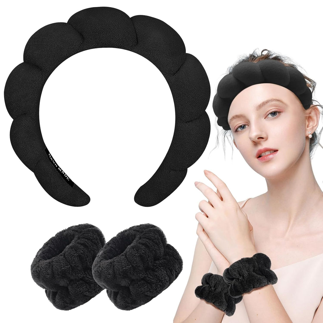 Women 1Pcs Facial Spa Headband 2Pcs Wristband Combo Set, Black Makeup Headband And Wrist Washband Set For Face Washing, Skincare, Shower, Makeup Removal