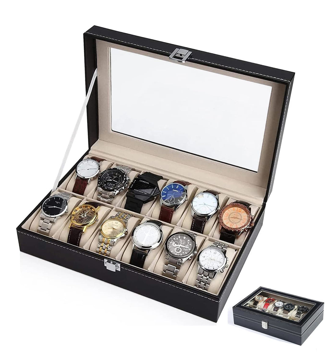 Arabest Watch Organizer Large 12 Slot Watch Display Case Organizer With Glass Lid,Watch Box Organizer For Men, Mens Jewelry Box With Removable Pillow,Black PU Leather