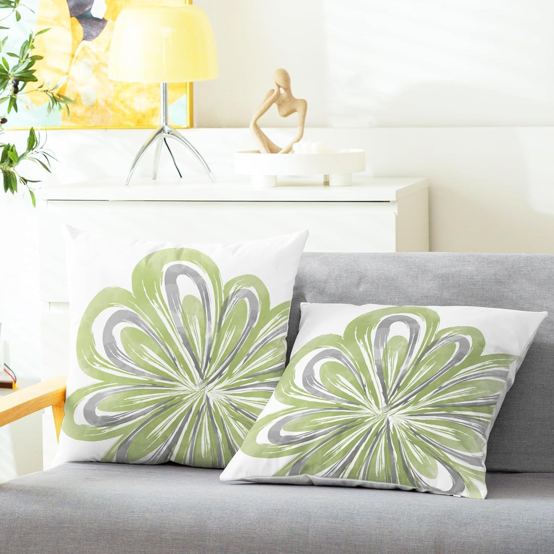 Throw Pillow Covers Pack of 2 Cozy Fleece Two-Tone Abstract Blooming Flower Decorative Cushion Cases for Couch Bed Sofa Farmhouse Decoration 18 X 18 Inches Sage Green Grey