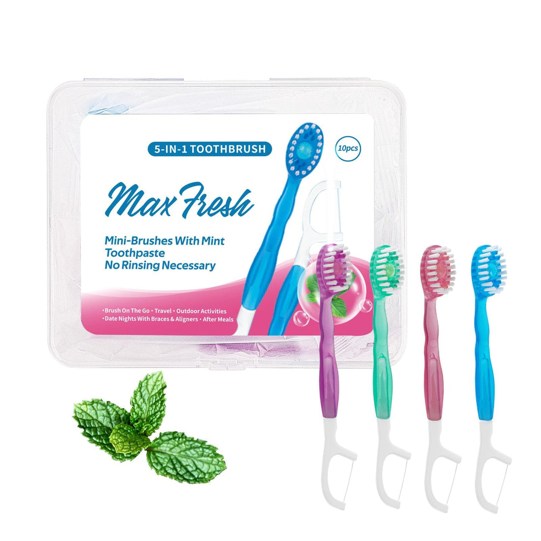 Mini Disposable Toothbrushes - 5 in 1 Travel Portable Toothbrush with Toothpaste + Tongue Scraper + Picks+Floss Travel Case, 10 Pcs-Mixed 4 Flavor