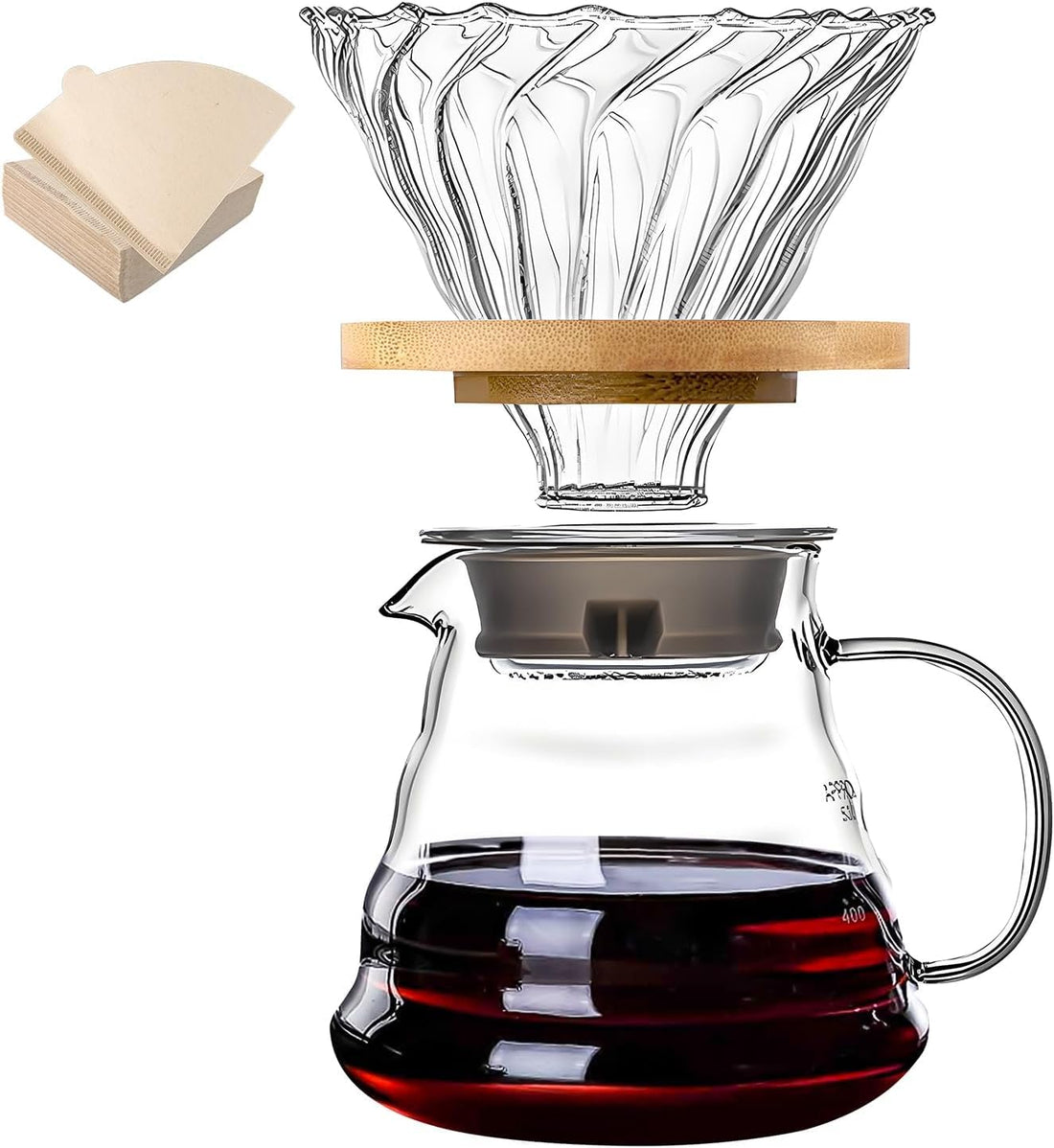 فلتر V60، مصفاة V60، أداة تقطير القهوة مصنوعة من الزجاج، طقم ماكينة تحضير القهوة V60-02، أداة صب ومصفاة قهوة بنظام V60 02، قهوة مناسبة لـ1 إلى 3 أشخاص، 600 مل
