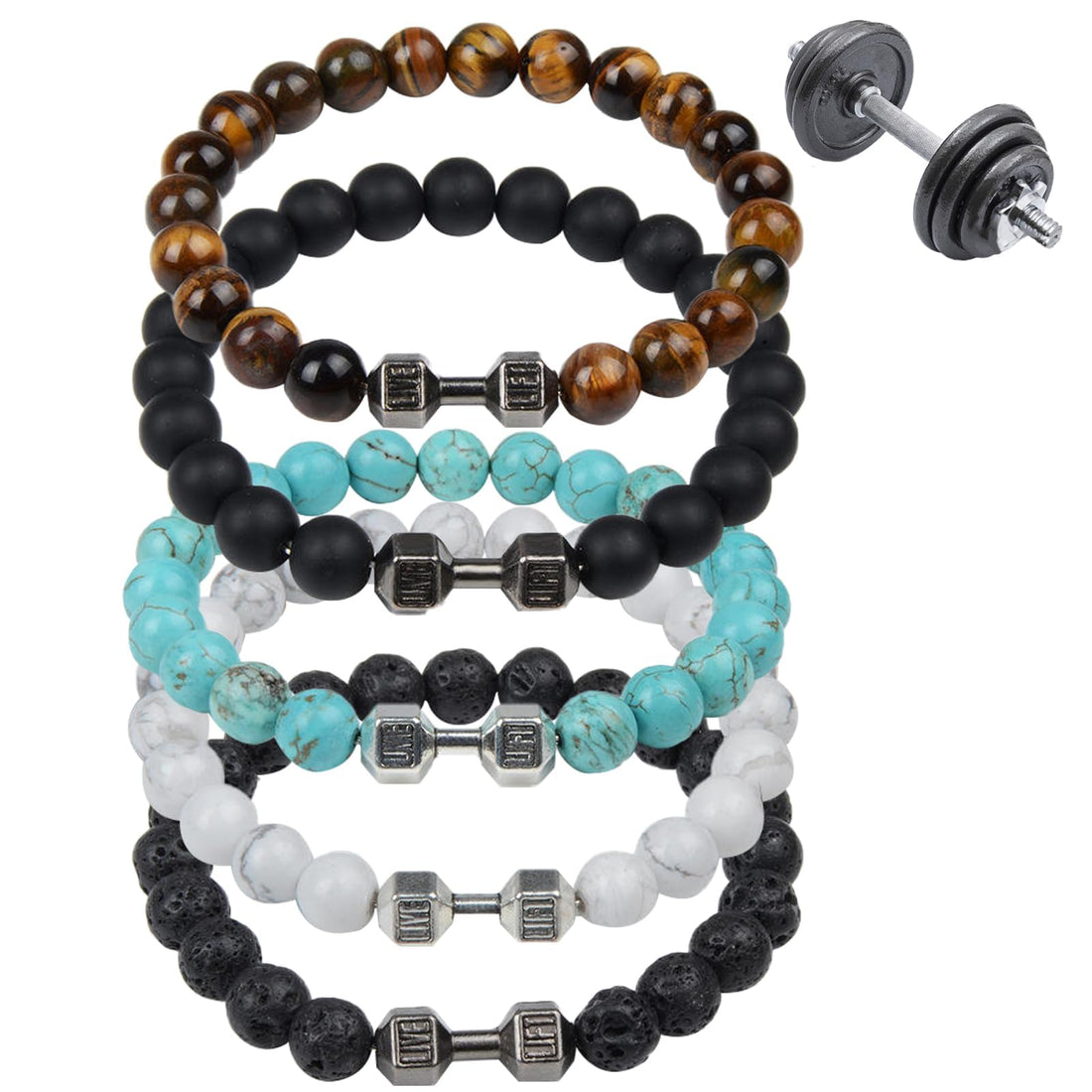 NALACAL Dumbbell Bracelet for Men Gym Bracelet, Volcanic Lava Stone Adjustable Natural Stone Beads Fitness Barbell Bracelet, 5 Pcs - 5 Color