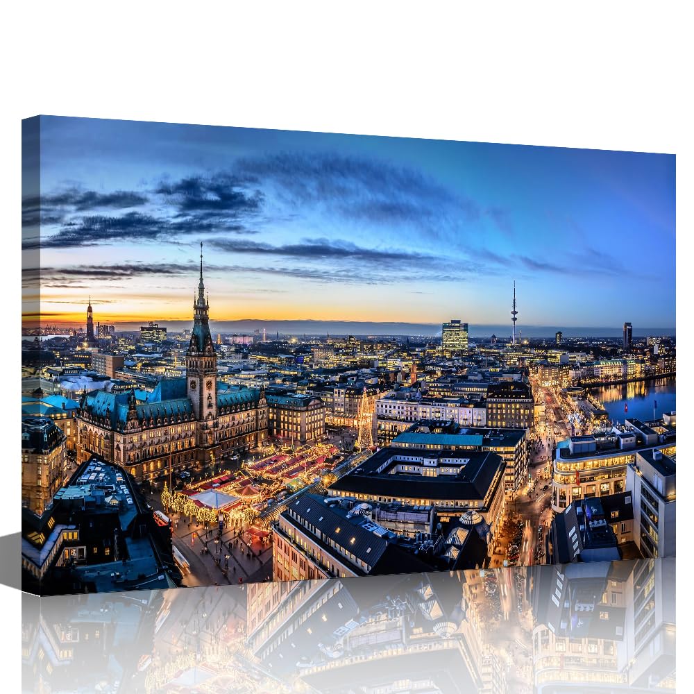 TISHIRON Wall Art Canvas Print Belfast Skyline Night Cityscape Belfast City Canvas Print Night Art Canvas Print City Picture for Living Room Ready to Hang - 24" W x 16" H