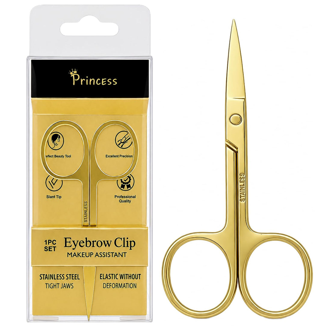 Princess - Eyebrow & Nail Scissor, Stainless Steel Grooming Tool, Slant Tip, Excellent Precision, Easy Grip Handle, Perfect Beauty Tool For Women & Men, Sharp, Safe, Golden