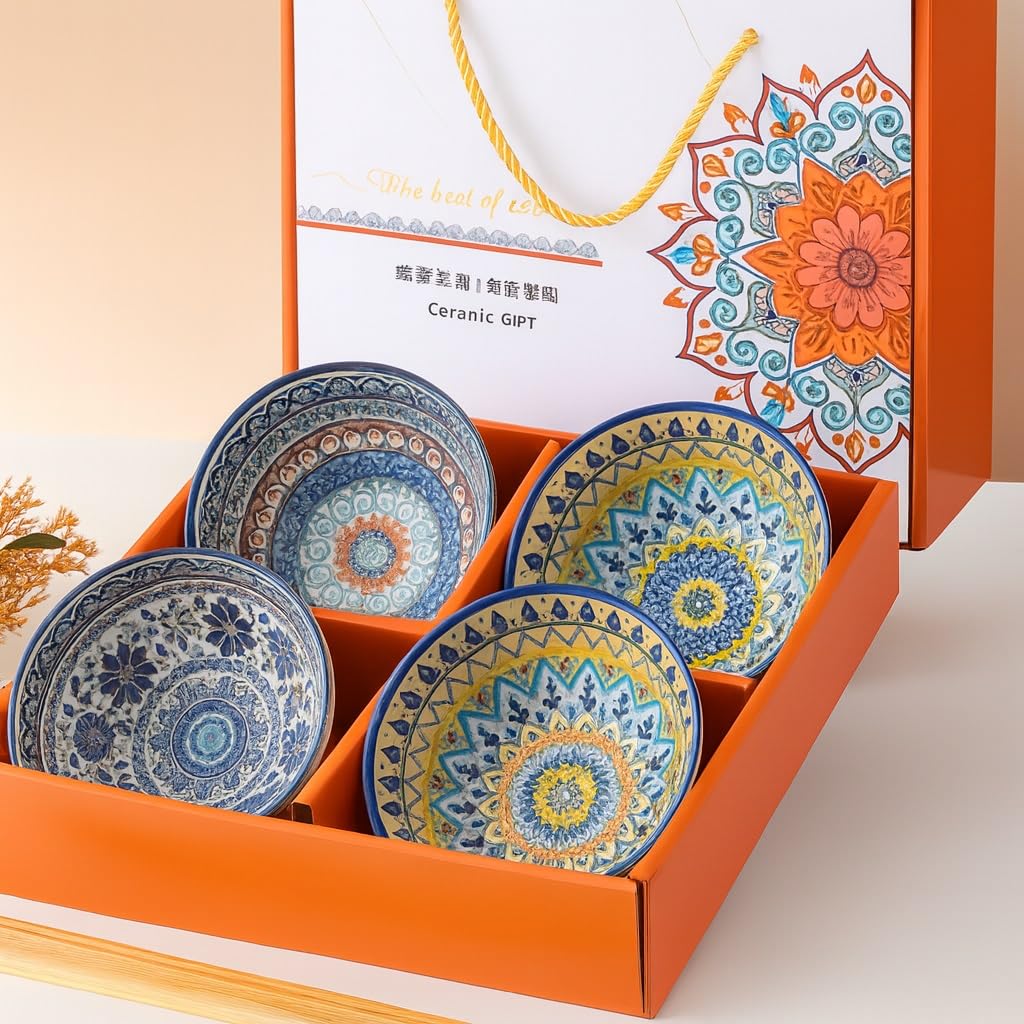 Home Care TT-550-A 4-Piece Ceramic Bowl Set with Patterns, Pack of 1, Dining