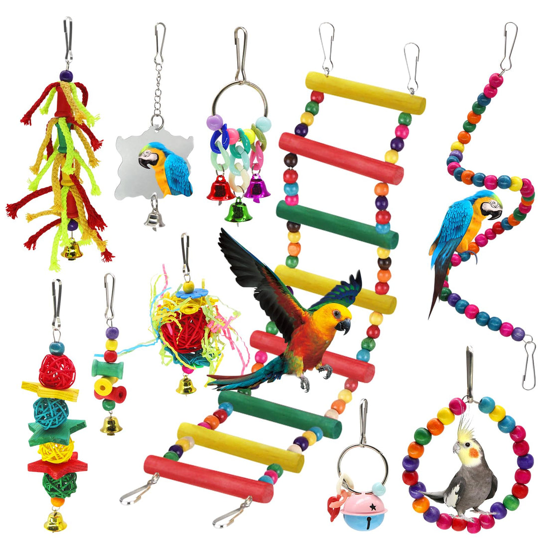 10Pcs Bird Toys Pet Bird Parrot Bell Rattan Ball Cotton Rope Stair Hanging Cage Chew Toy for Parrots, Parakeets, Macaws, Cockatiels, Lovely Birds
