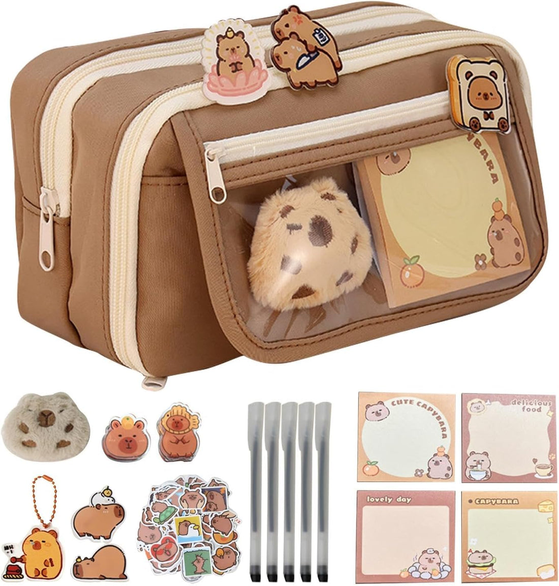 Cute Capybara Pencil Case, Capybara School Supplies, Clear Aesthetic Pencil Pouch with Cute Capybara Pins and Plush, Large Capacity Multi-layers Pen Case, Grey, Leather Pencil Case