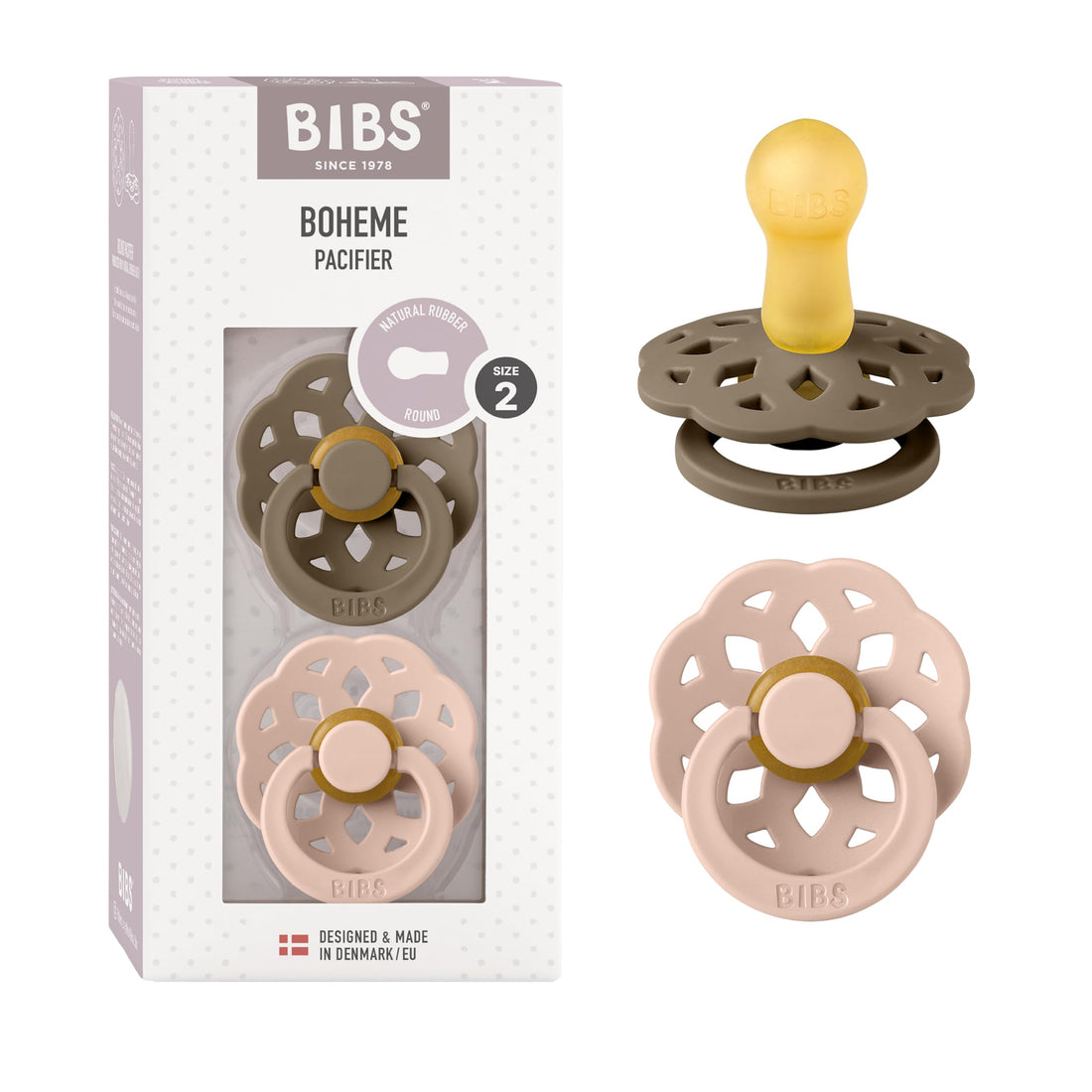 BIBS Pacifier Boheme 2 PACK Latex Size 2 Dark Oak/Blush
