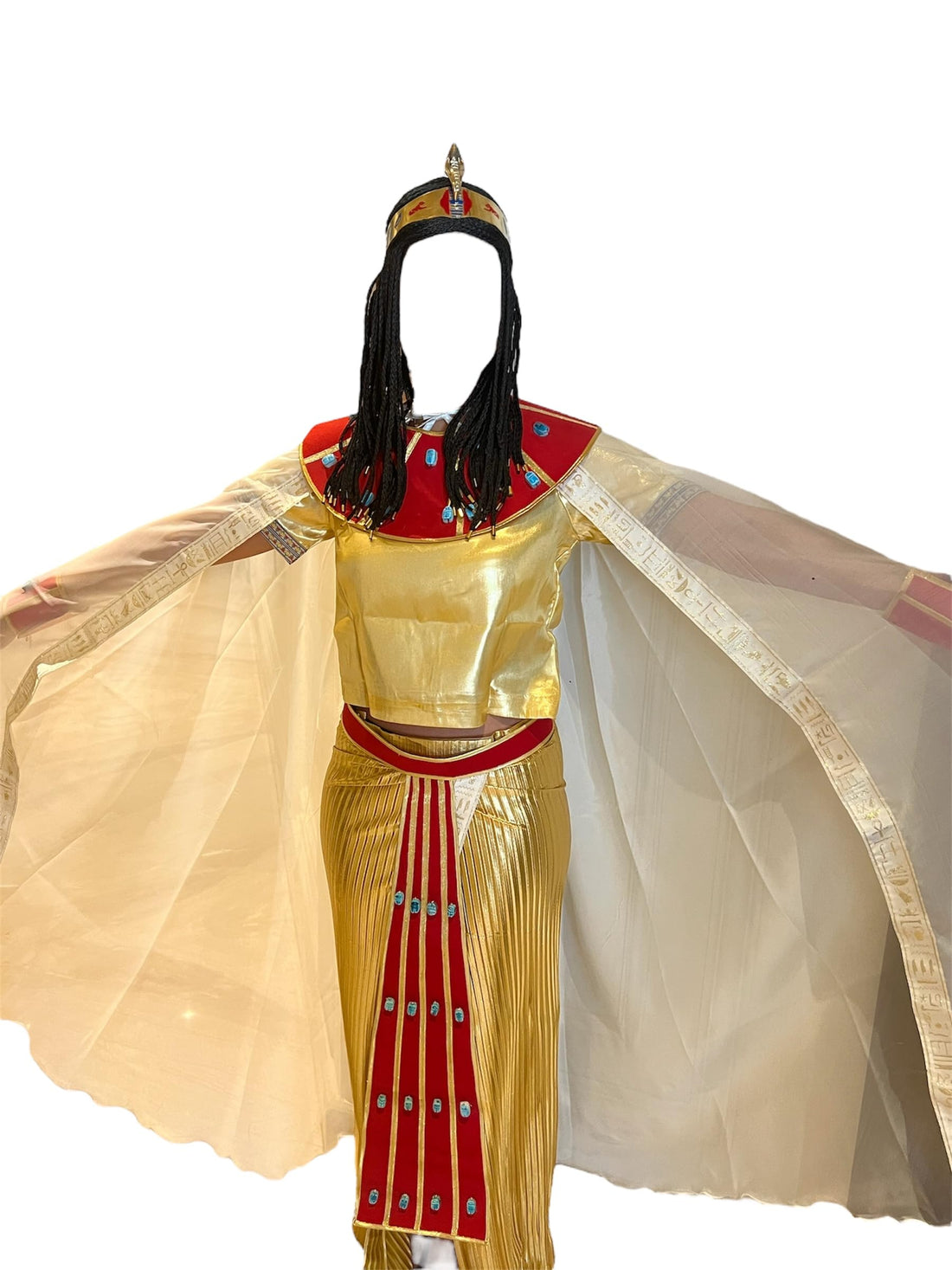 Egyptian Pharaoh Costume, Gold and Red, with Cape, Headpiece, Wig, Belt, Adult Fancy Dress