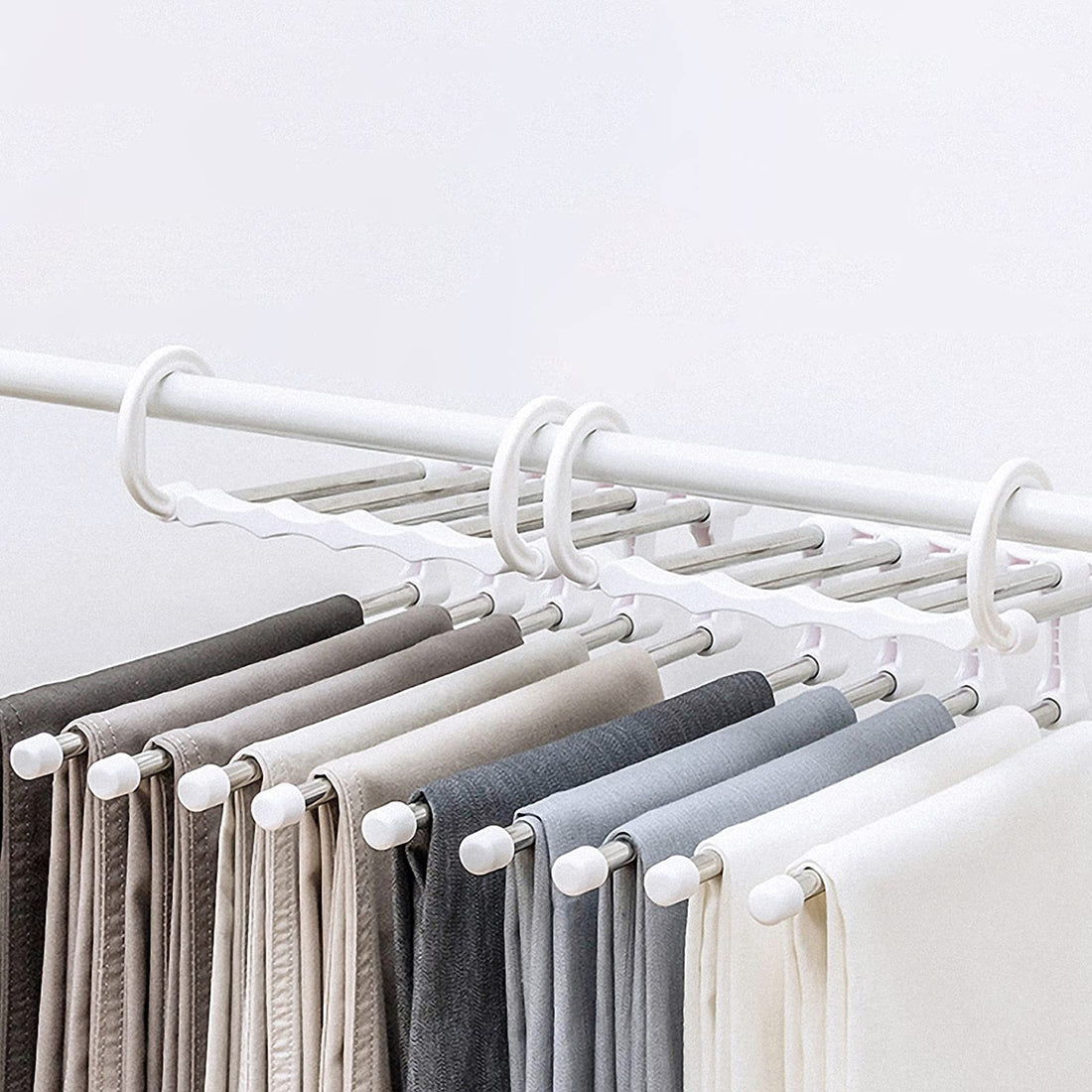 Multi Functional Pants Rack Hanger, Non-Slip Space Saving Hangers for Closet Organizer, 5 Layers 2 Uses Wardrobe Organizer Racks for Pants Clothes Trousers Jean Skirts Scarves Ties (White, 2 Pack)