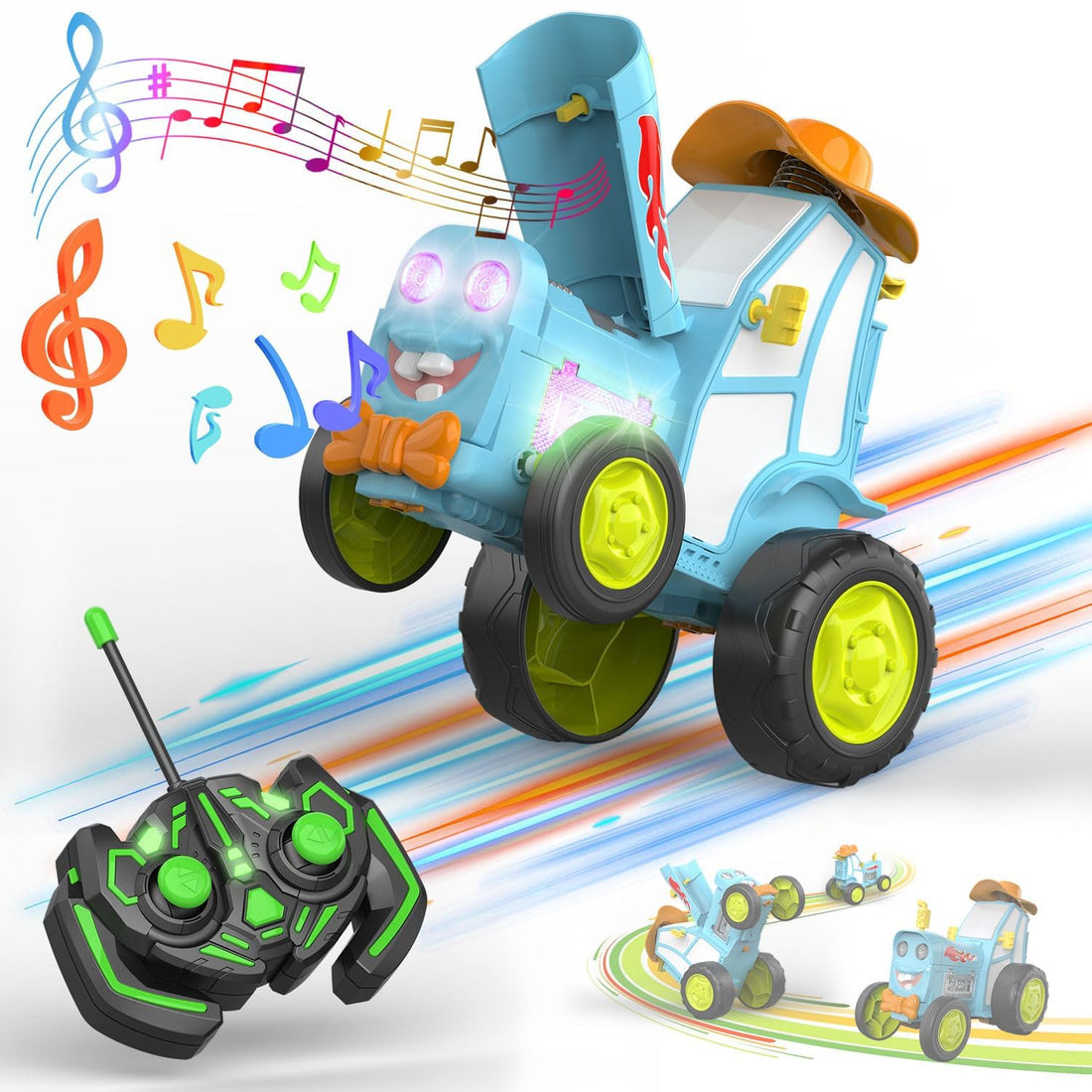 Crazy Jumping Remote Control Car Toy - Wireless Stunt Dancing With LED Light Music, Rocking Tumbling, Rechargeable RC Gift for 3-12 Year Old Boys Girls Kids (Blue)