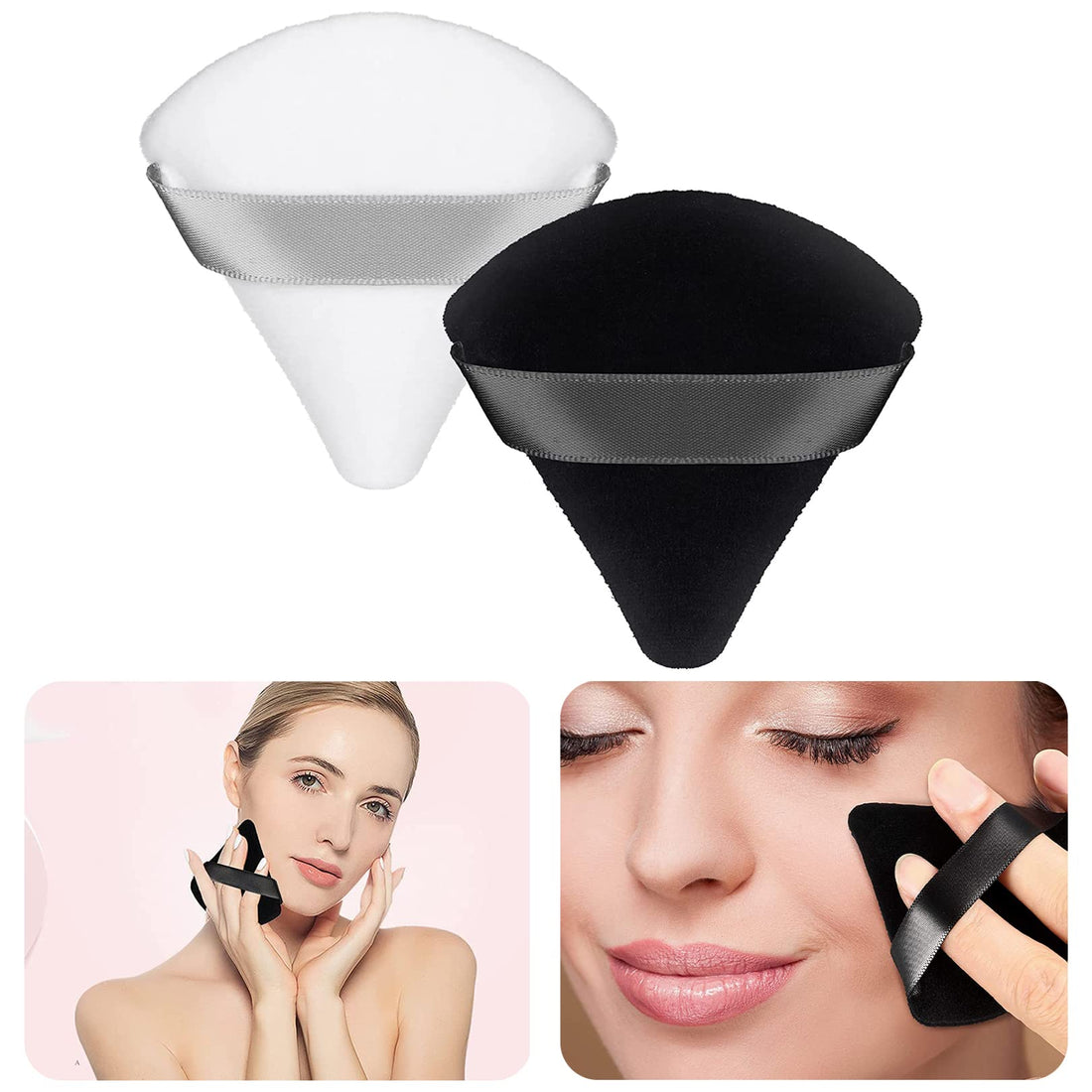 Gunwon 2 Pcs Powder Puff Makeup Puff Triangle Powder Puff Soft Powder Sponge Reusable Makeup Triangle Sponges with Strap for Contouring Under Eyes and Corners (Black and White)