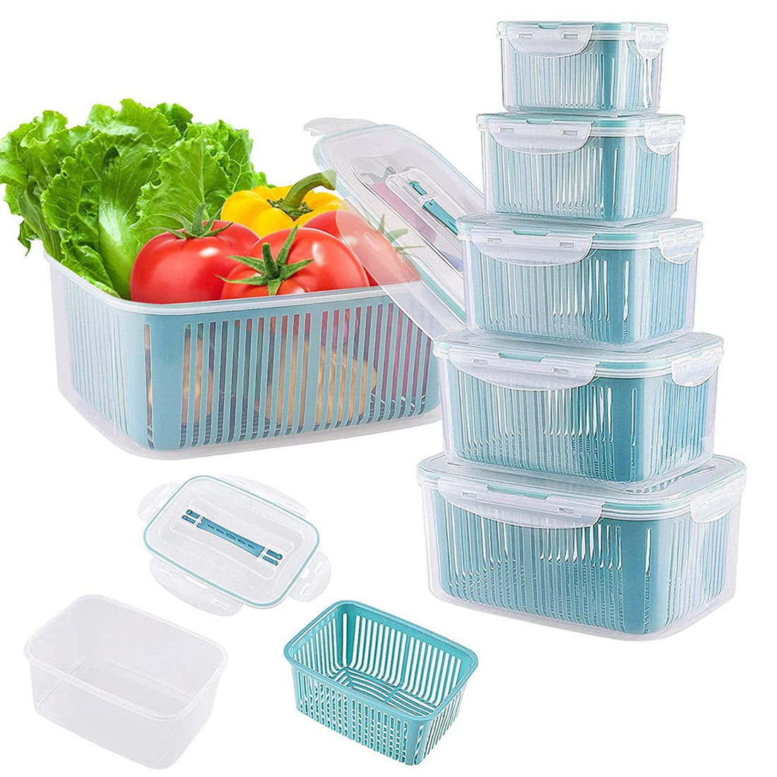 5 Packs Plastic Food Storage Containers, Fresh Fruit Containers for Refrigerator, Produce Saver Containers for Fridge for Veggie, Berry, Fruits, Vegetables, etc.
