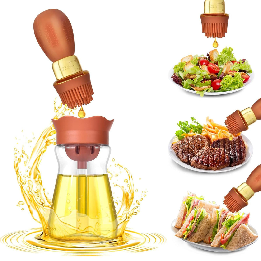 Tazweeq Oil Dispenser Bottle, 2 In 1 Glass Oil Bottle Oil Storage and Dispenser Container with Silicone Brush & Silicone Dropper for Kitchen Cooking, Frying, Baking, BBQ Pancake, Air Fryer (Red)