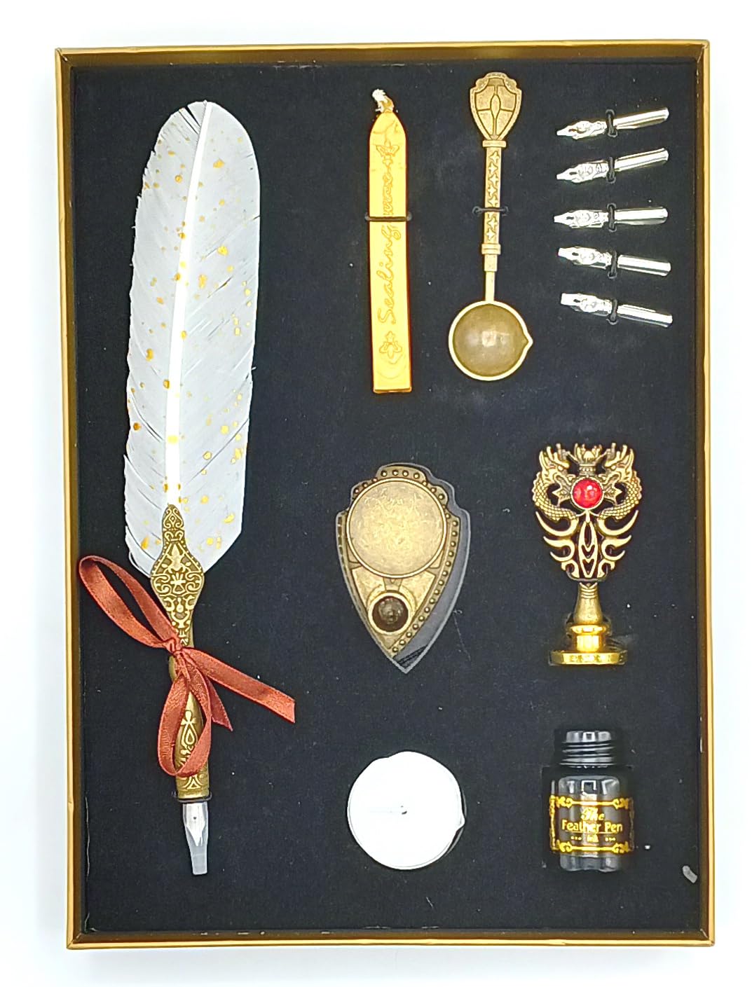 GOLD LEAF Feather Calligraphy Pen Ink Set,Quill Pen Set Includes Feather Dip Pen,Ink,5Replacement Nibs,1Wax Seal Sticks,Pen Holder,Seal Stamp, White Wax,Spoon (White)