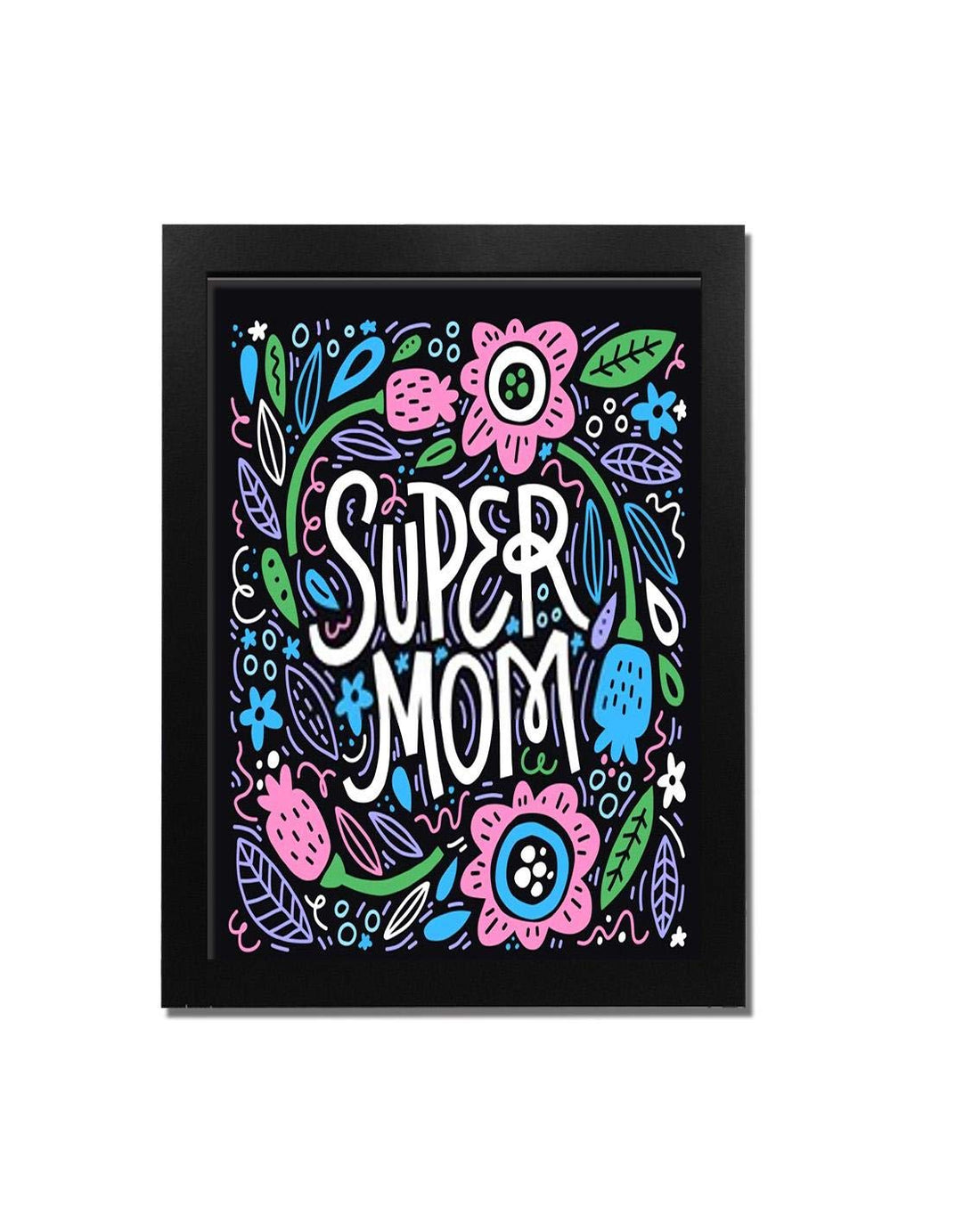 MOTHER'S DAY - SUPER MOM - BLACK - Wooden Frame with Glass - Printed Poster Tableau wall art BZL