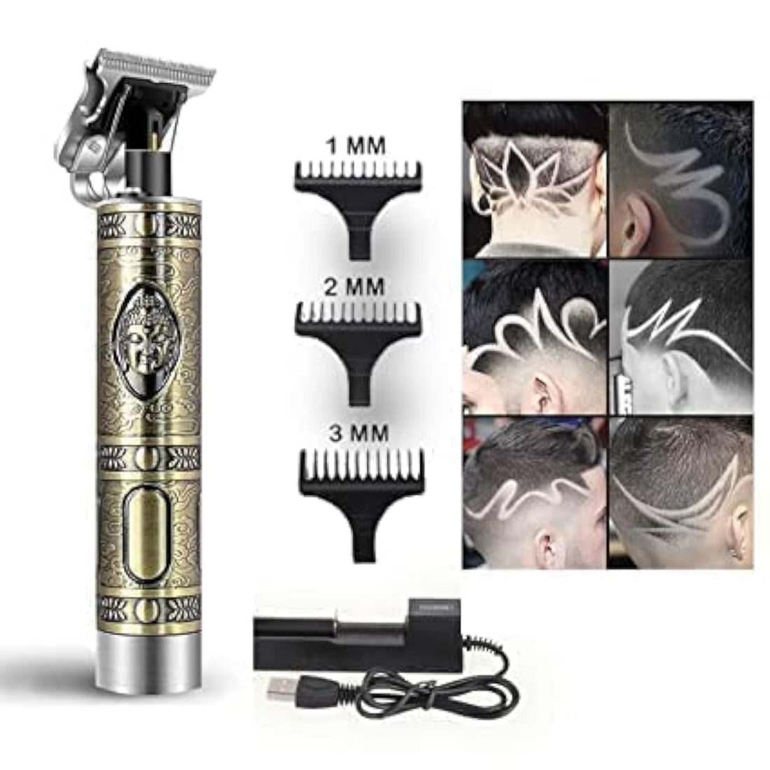 Trimmer Men Professional Cordless Buddha Style Hair Clipper Electric USB Rechargeable T-Blade Beard, Hairs, Moustache, Body Trimmers with 4 Guide Combs Men's Grooming Kit (gold trimmer)