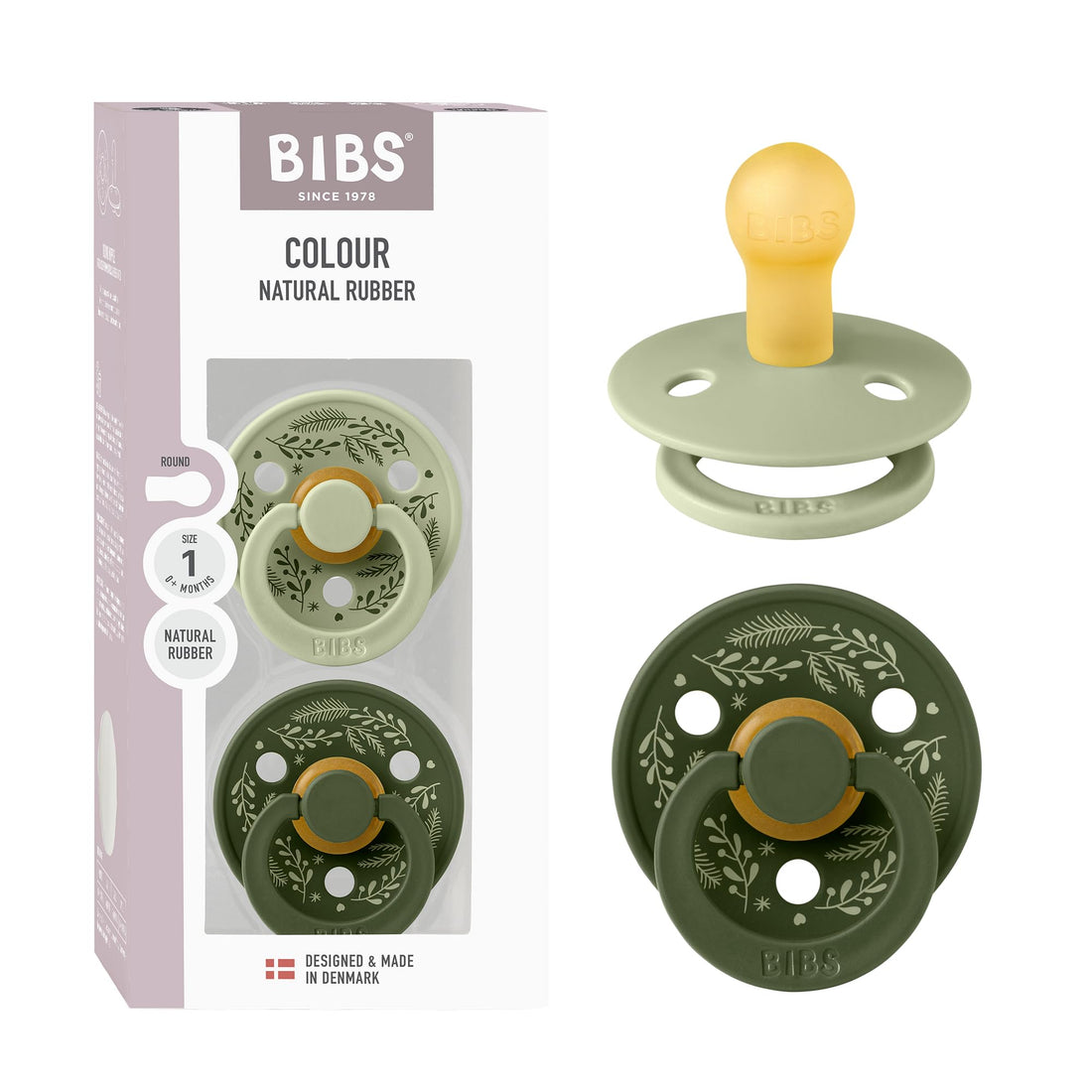Bibs Pacifier Colour Holiday Leaf 2 Pack Latex Size 1 Sage/Hunter Green