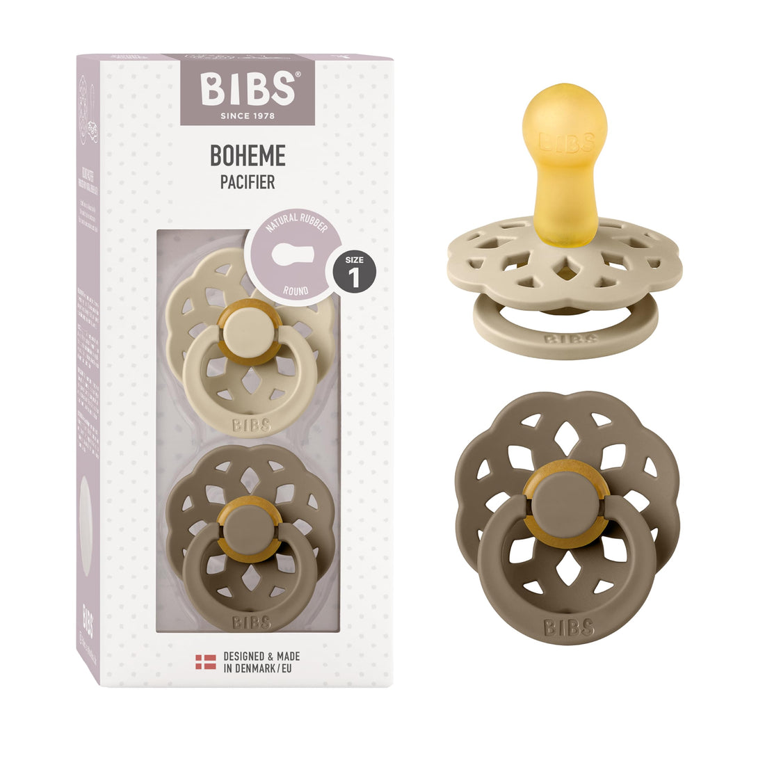 Bibs Pacifier Boheme 2 Pack Latex Size 1 Vanilla/Dark Oak