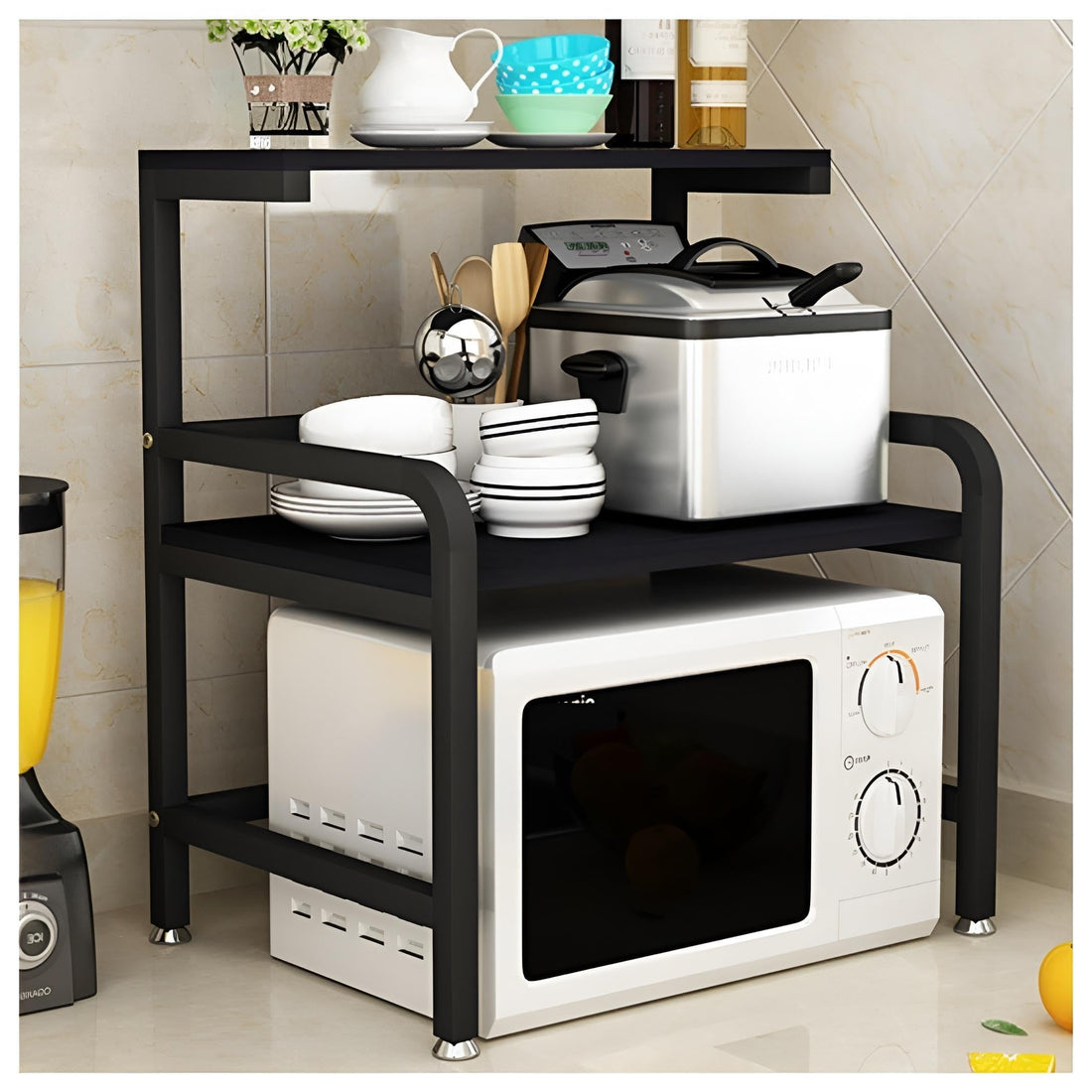 Oven Rack - Heavy Duty Double-Layer Storage Solution for Microwave and Rice Cooker, Black Countertop Shelf with Adjustable Width, Perfect for Organizing Small Kitchen Spaces Neatly